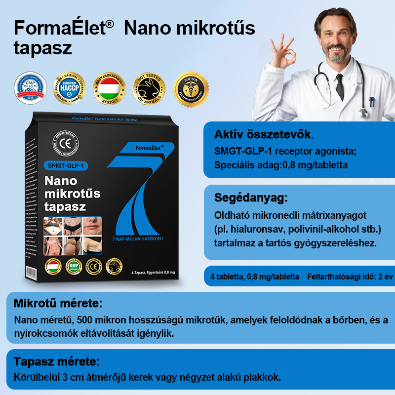 FormaÉlet® Nano Mikrotű Tapasz SMGT-GLP-1-tel és Matrixyl 3000-rel – Fogyás, Bőrfeszesítés, Vércukorszint-támogatás, Injekció Nélkül, 7 Napos Eredmény